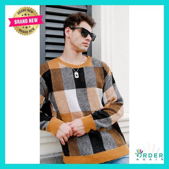 Color Block Plaid Pullover Sweater Long Sleeve Crew Neck Classic Preppy - Picture 7 of 7